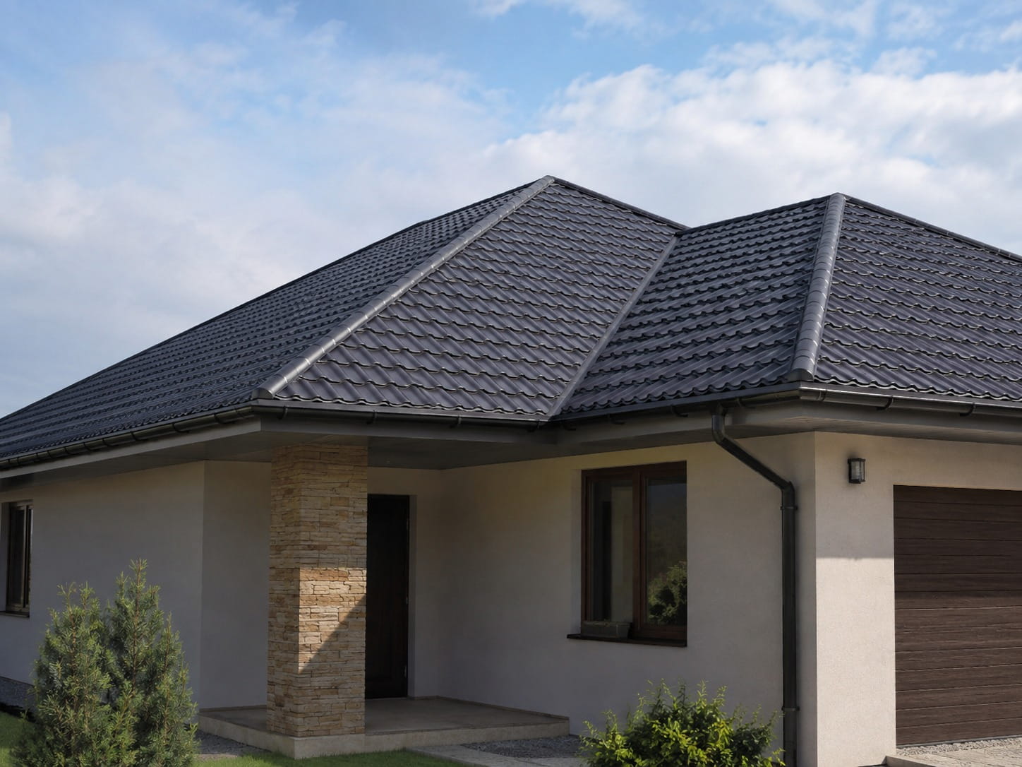 Metal tile profile roofing with a traditional tile look