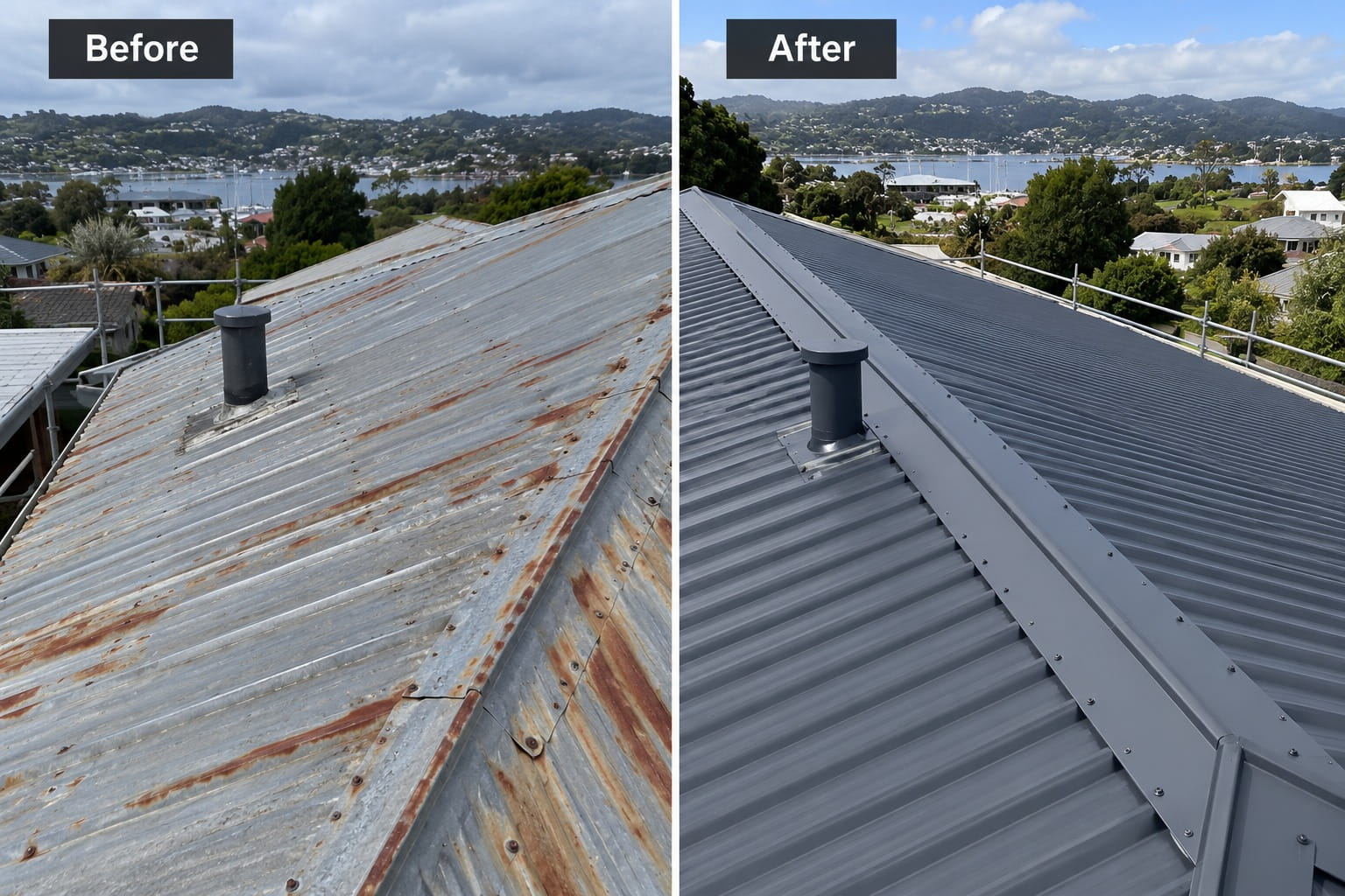 Before and after roof restoration in Whangarei