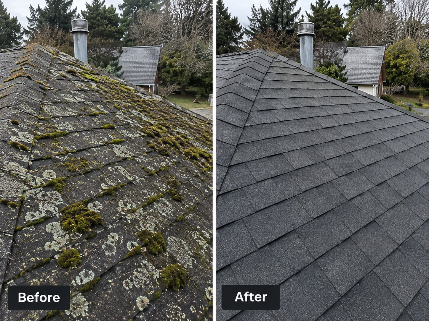 Before and after roof cleaning removing moss and lichen in Whangarei