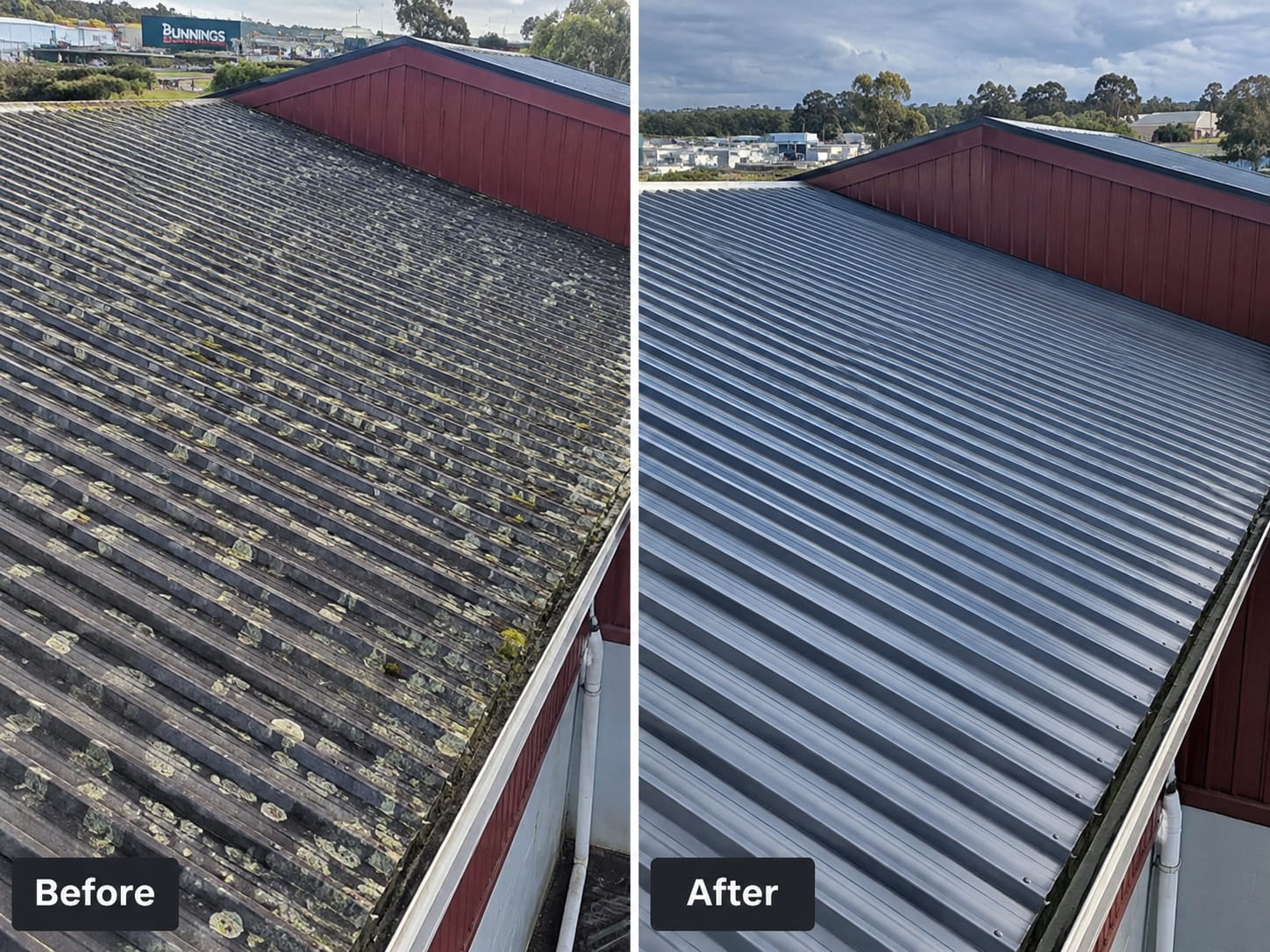 Before and after commercial roof cleaning in Whangarei